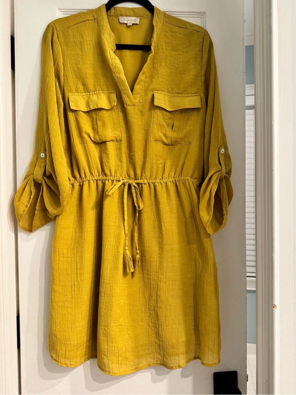 Indigo Mustard Yellow Button-Front Drawstring Waist Mini Dress